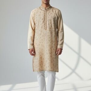 Golð Embroidered Men's Kurta with Contrast Detailing 4238
